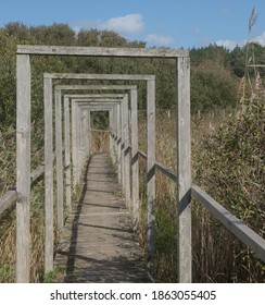 Old Wooden Boardwalk Crossing Marshland And Leading To A Bird Hide On The Island Of Tresco In The Isles Of Scilly, England, UK