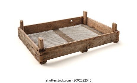 Old Wooden Box With Mesh Bottom. Isolated White Background