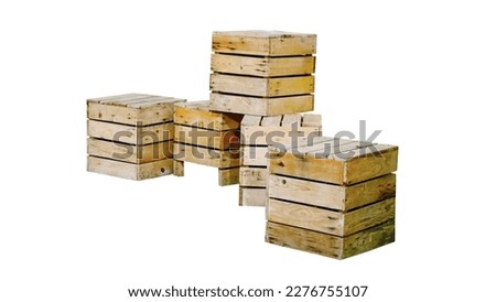 Old wooden boxes stacked on white background,isolated old wooden boxs.