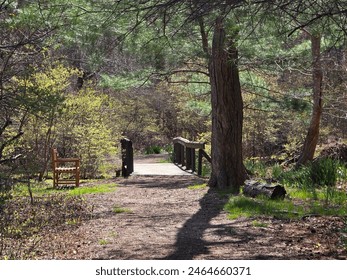 An old wooden bridge extending across the water along a path. - Powered by Shutterstock