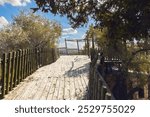 an old wooden bridge to the observation deck in the national park in the Judean Mountains in eastern Israel