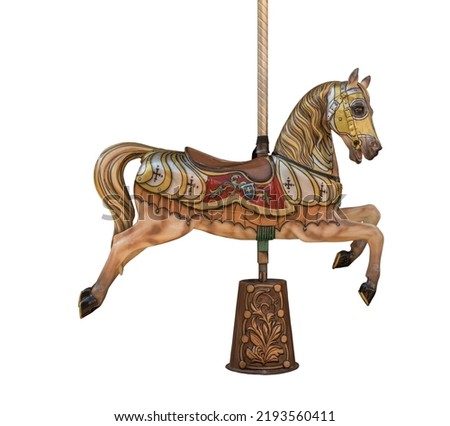 an old wooden carousel horse isolated on white background