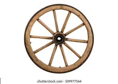 Old wooden cartwheel isolated on white background
