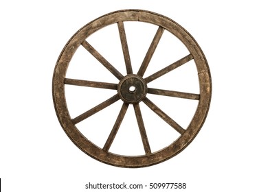 Old Wooden Cartwheel Isolated On White Background