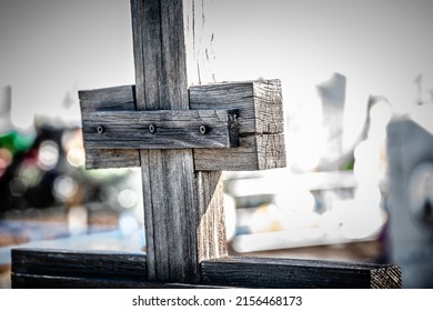 Old Wooden Cross At The Grave, Monument.