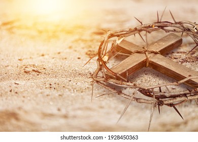 Old wooden crown of thorns on the ground. Christian Easter holiday.