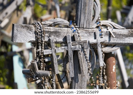 Old wooden cruzifixes at hill of crosses tourism attraction in Lithuania, Baltic States