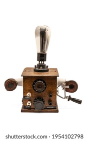 Old Wooden Crystal Radio On White Background