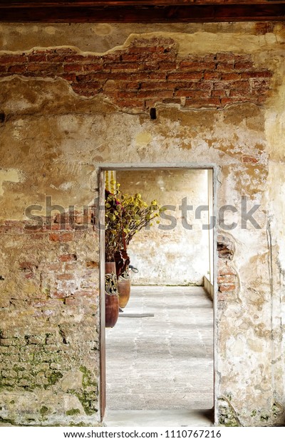 Old Wooden Door Frame Cement Wall Backgrounds Textures