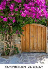 Old Wooden Door With Pink Flowers. Door Of A House In Datça City.