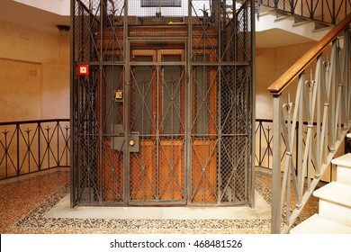 Old Wooden Elevator in a Metal Shaft