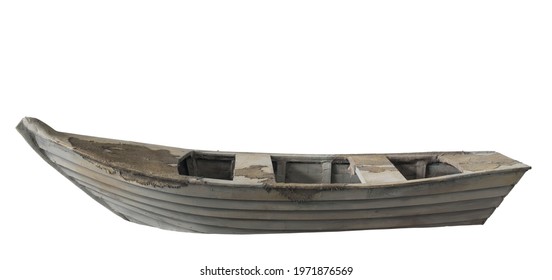 Old Wooden Empty Boat Isolated On White Background, Side View