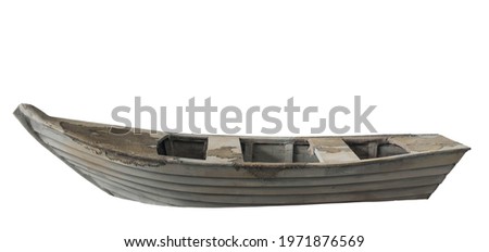 Old wooden empty boat isolated on white background, side view