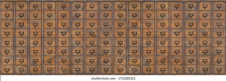 Old wooden filing cabinet or organizer for storing registration cards and library accounting. Wooden document repository in past centuries, pre-computer era and big data. Seamless wooden file cabinet. - Shutterstock ID 1723285321
