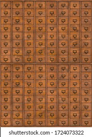 Old Wooden Filing Cabinet Or Organizer For Storing Registration Cards And Library Accounting. Wooden Document Repository In Past Centuries, Pre-computer Era And Big Data. Seamless Wooden File Cabinet.