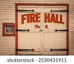 Old wooden Fire Hall door in the ghost town of Sandon, BC