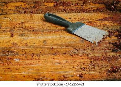 Old Wooden Floor And Scraper Tool With Paint Scraped - Wooden Floor Renovation