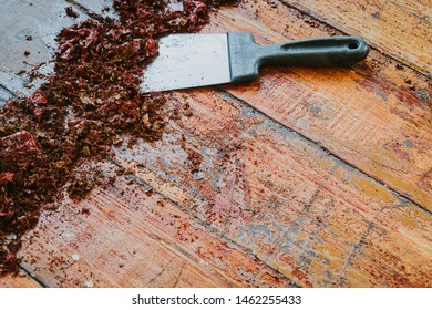 Old Wooden Floor And Scraper Tool With Paint Scraped - Floor Renovation