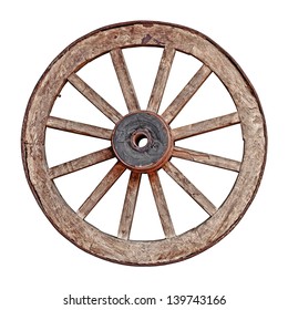 Old Wooden Grunge Wagon Wheel Isolated On White Background