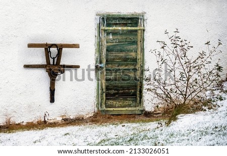 Old wooden historic artifact, part of animal collar to carriage or plough, hanging on white wall of village farmhouse, green scratched door and shrub on snowy yard. Czech republic.