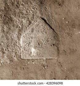 Old Wooden Home Plate At Baseball Field - Black And White