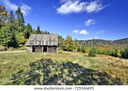 Old wooden hut in the meadow, Gorce mountains, Poland