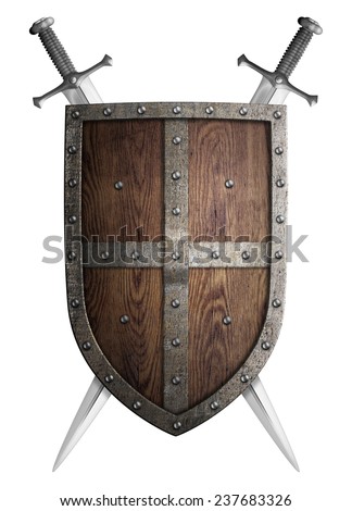 old wooden medieval crusader shield and two crossed swords isolated