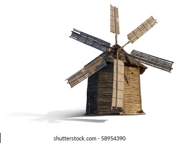 Old wooden mill on a white background