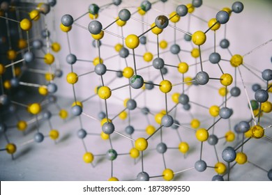 Old Wooden Molecular Model. Atomic Structure And Bonding. Chemistry Background.