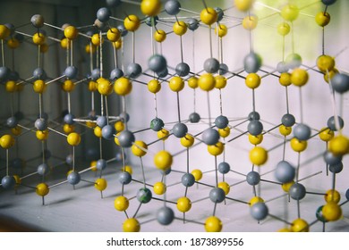 Old Wooden Molecular Model. Atomic Structure And Bonding. Chemistry Background.