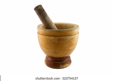 Old Wooden Mortar And Pestle On White Background