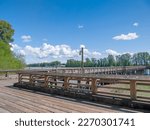 Old wooden peir on Fraser river, New Westminster, British Columbia, Canada