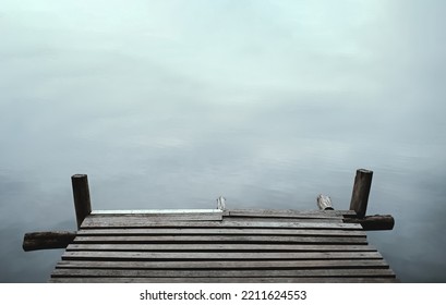 Old wooden pier against the backdrop of the calm water for copy space. Lake shore background. - Powered by Shutterstock