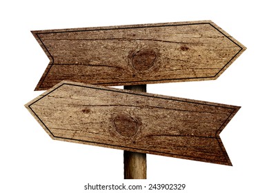 Old Wooden Road Sign Isolated On White Background.