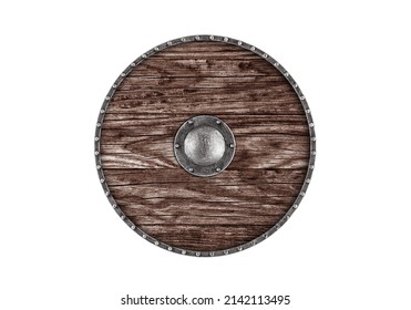 Old Wooden Round Shield Isolated On White Background