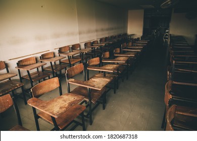 Old Wooden Row Lecture Chairs In Dirty Classroom In Poor School.study Room Without Student.concept For Education In Third World ,donate And Charity