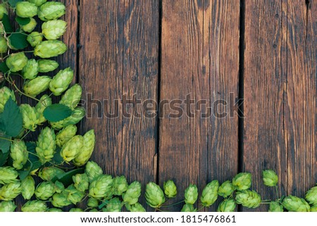 Old wooden rustic table surface with fresh green hops.