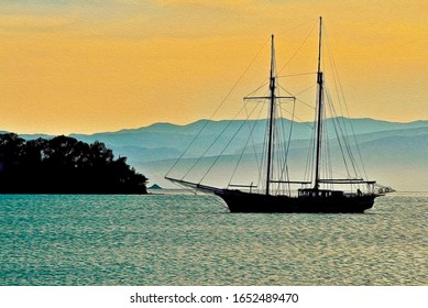 Old Wooden Ship In The Bay At Sunset.Oil Painting Texture Added.