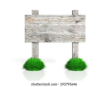 Old wooden sign with grass isolated on white background 