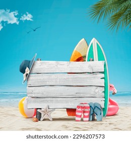 Old wooden sign on the beach, surfboards and beach accessories, summer vacations at the beach concept - Powered by Shutterstock