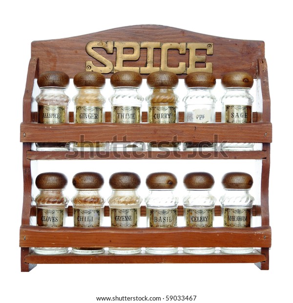 spice rack with empty bottles