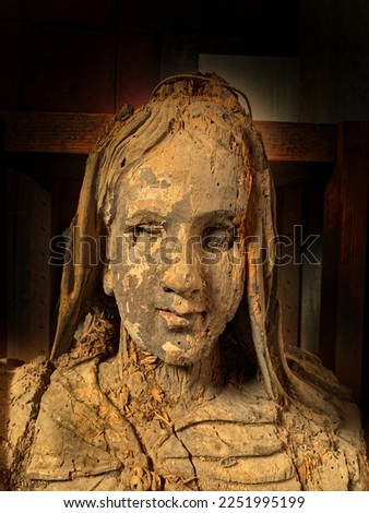 An old wooden statue of the Madonna, pierced by woodworm