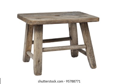 Old Wooden Stool Isolated On White Background