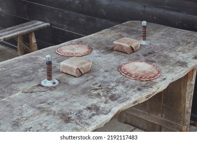 Old Wooden Table For Arm Wrestling In Denmark. 