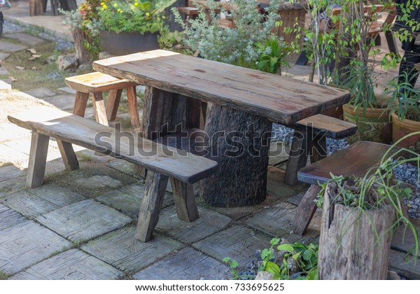 Old Wooden Table Benches Garden Stock Photo Edit Now 733695625