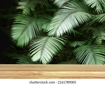 Old wooden table and palm leaves. Empty wooden table top and green tropical plant leaf on black background. Rustic wooden board on nature backdrop. Product display template. Copy space for text - Shutterstock ID 2161789005