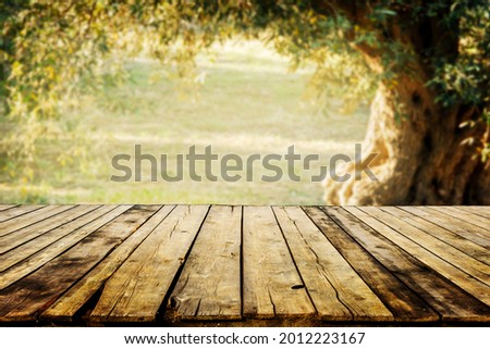 
Old wooden table  for product display with natural green olive field bokeh background. Natural vintage tabletop persepective and blur olive tree layout design.