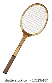 Old Wooden Tennis Racket Isolated On White Background