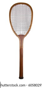 Old Wooden Tennis Racket Isolated On A White Background.