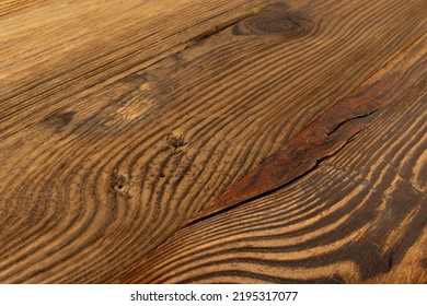 Old Wooden Texture Background Closeup. Dark Brown Wood Grain Diagonal Pattern, Vintage Pine Table Top, Dark Rustic Table Desk